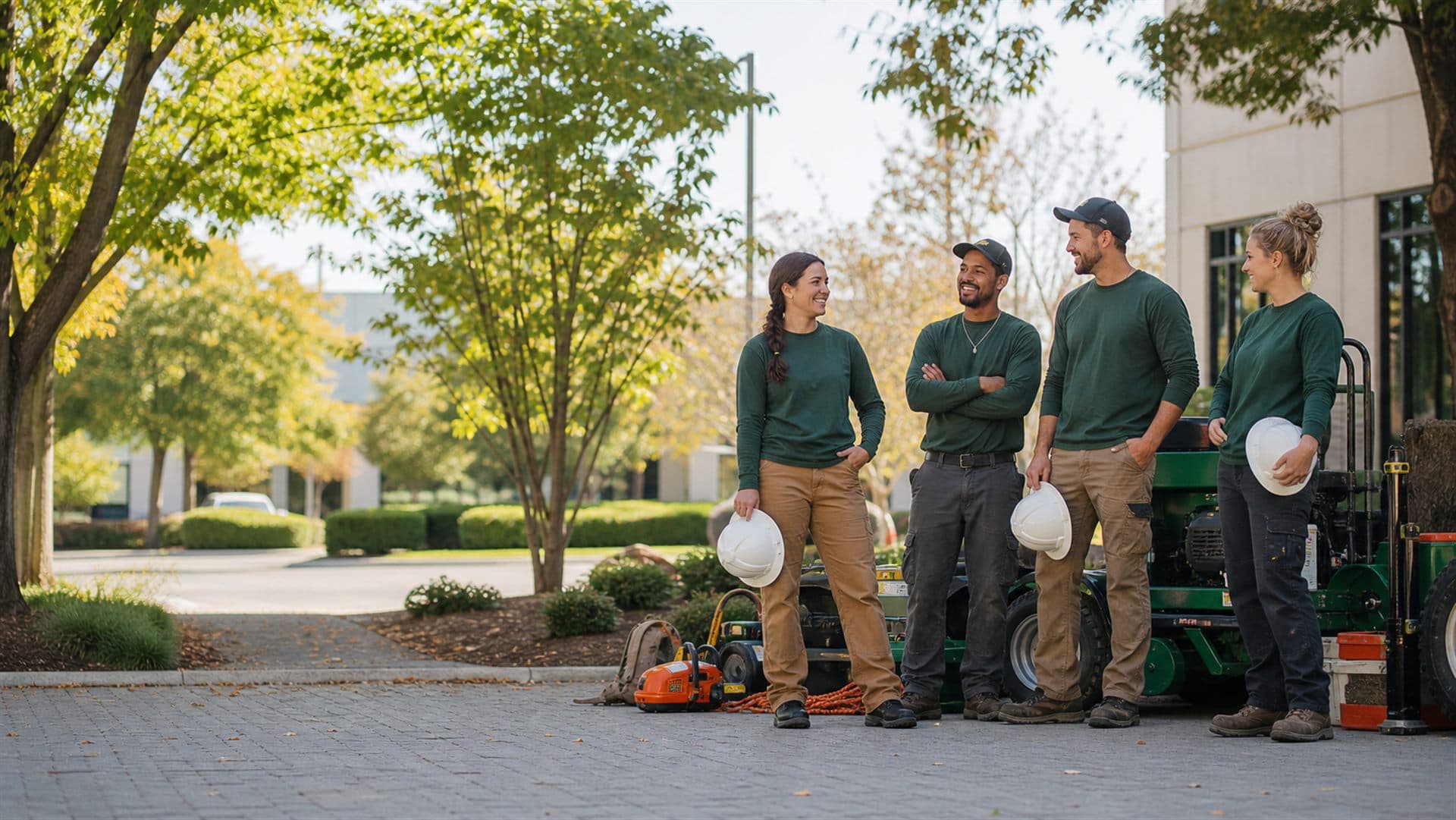 Professional tree-service crew standing beside organized equipment