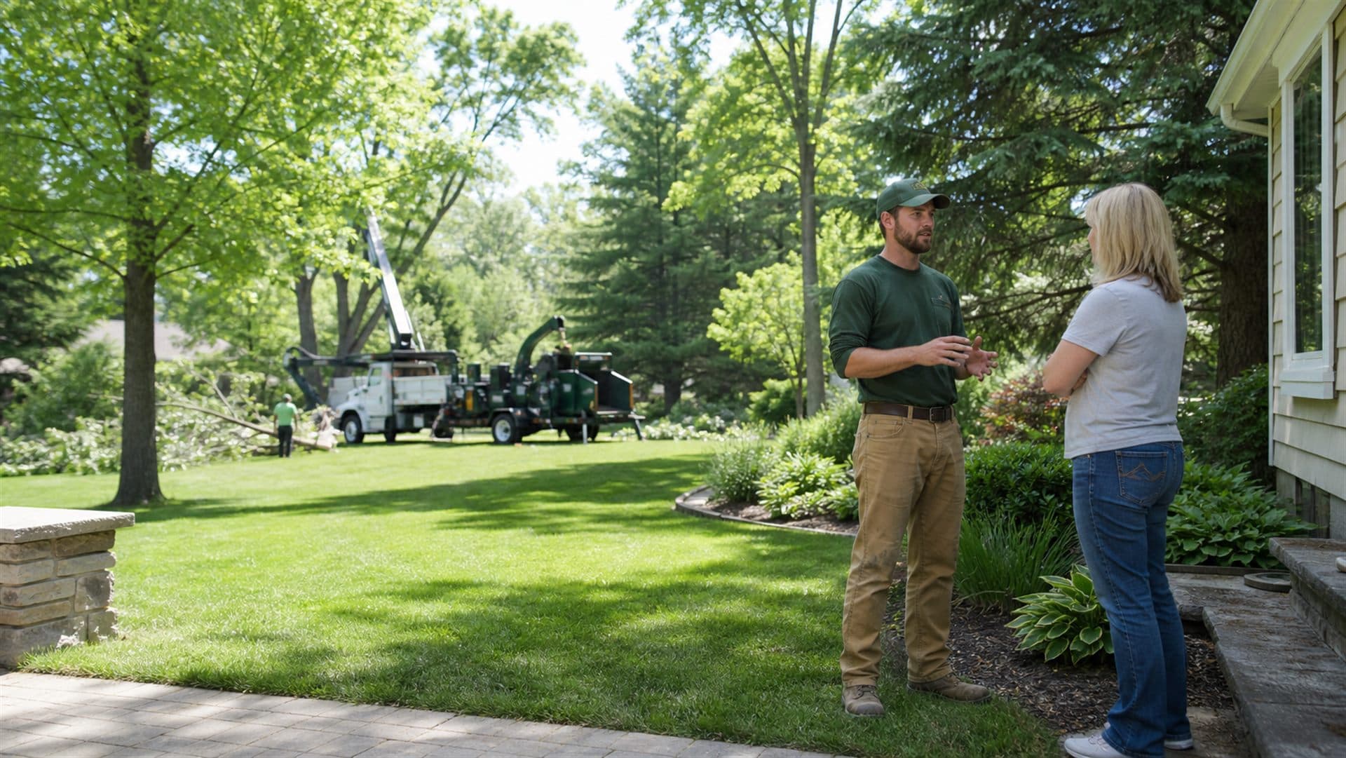 Tree-service crew member speaking with a homeowner in a clean finished yard