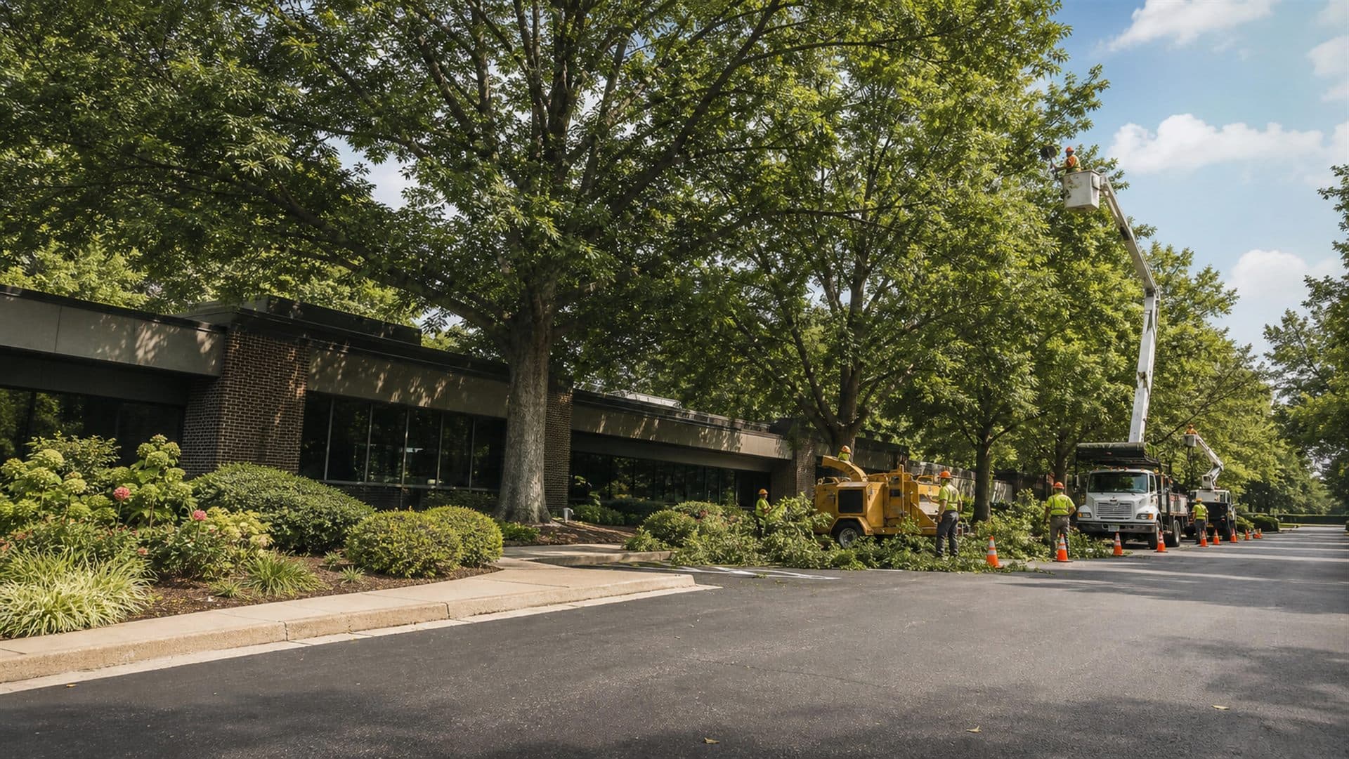 Tree-service crew carrying out careful work beside a mature tree