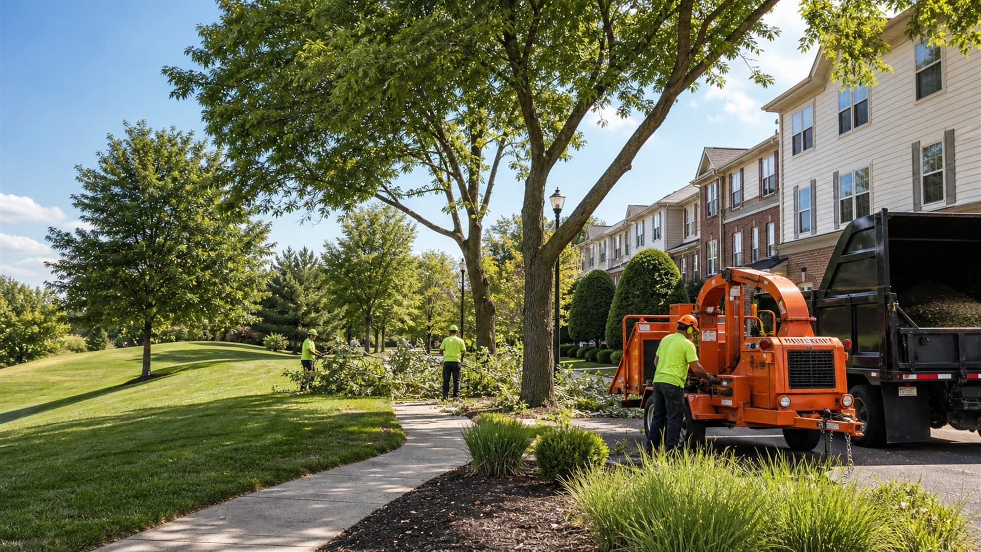 Tree-service professionals preparing a safe work area with organized equipment