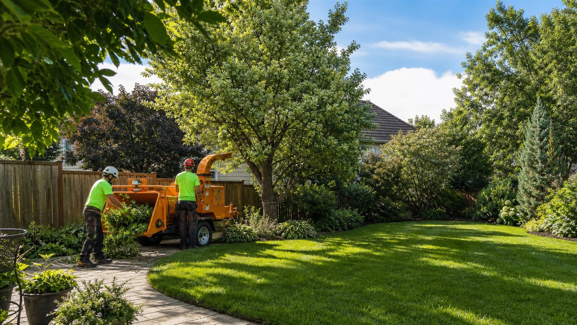 Tree-service team preparing a tidy residential work area