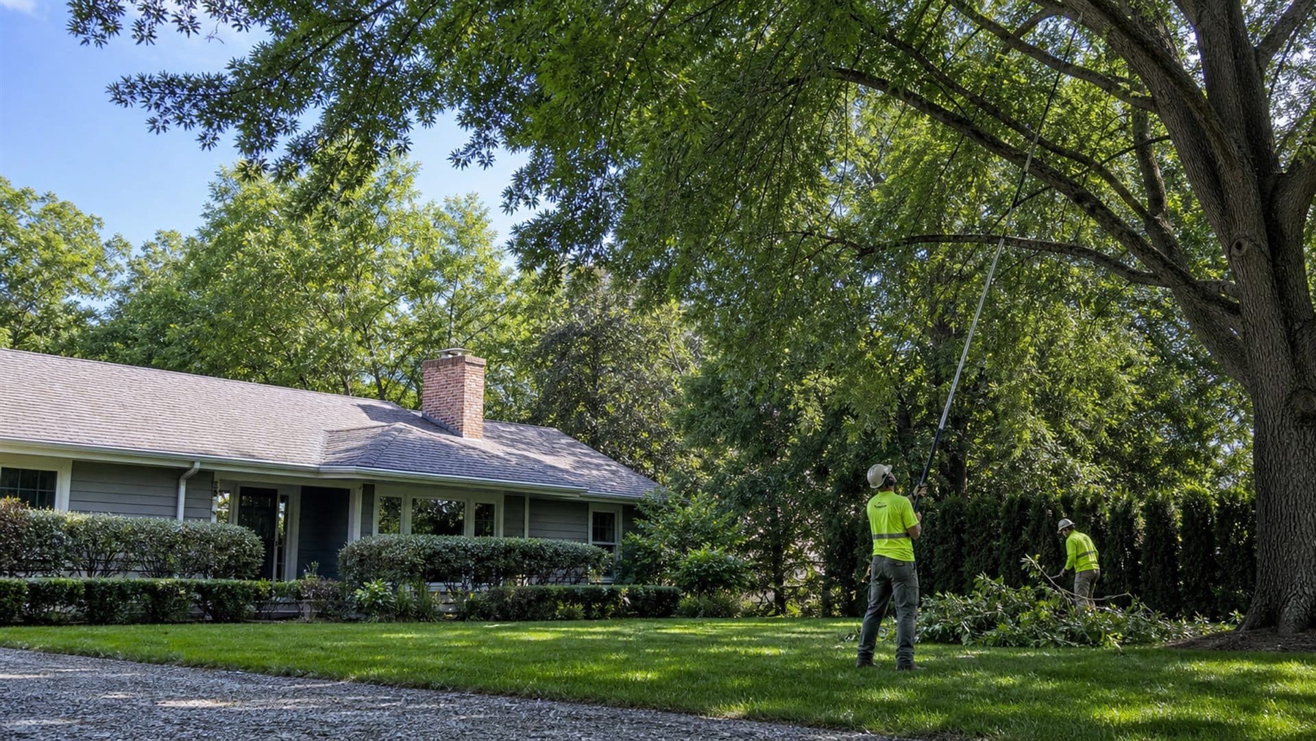 Professional tree crew working in a clean residential yard