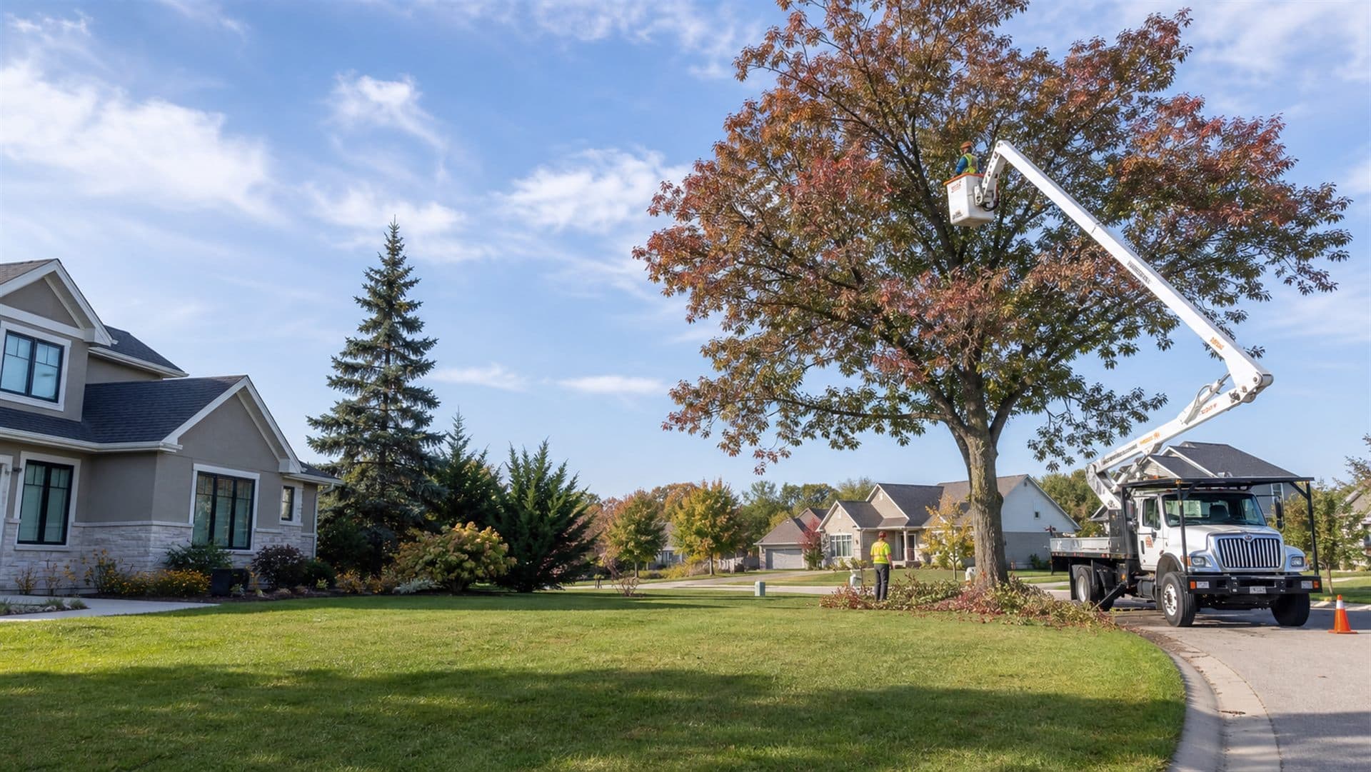 Professional tree-service crew working beside a landscaped property
