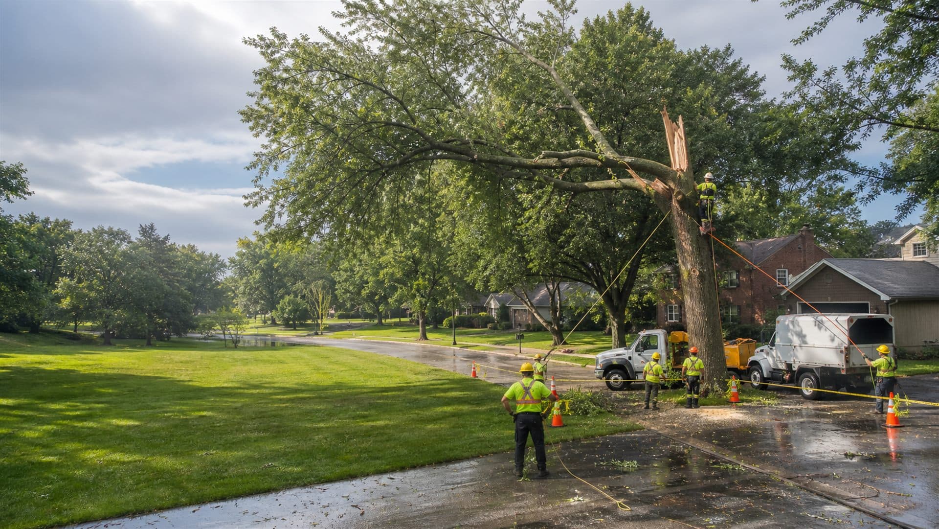 Tree-service crew safely stabilizing a storm-damaged tree