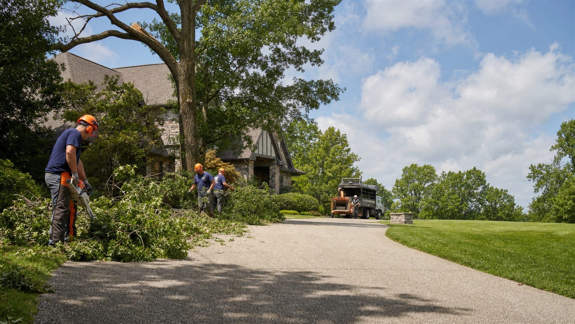 Professional crew clearing storm-damaged branches from a residential driveway