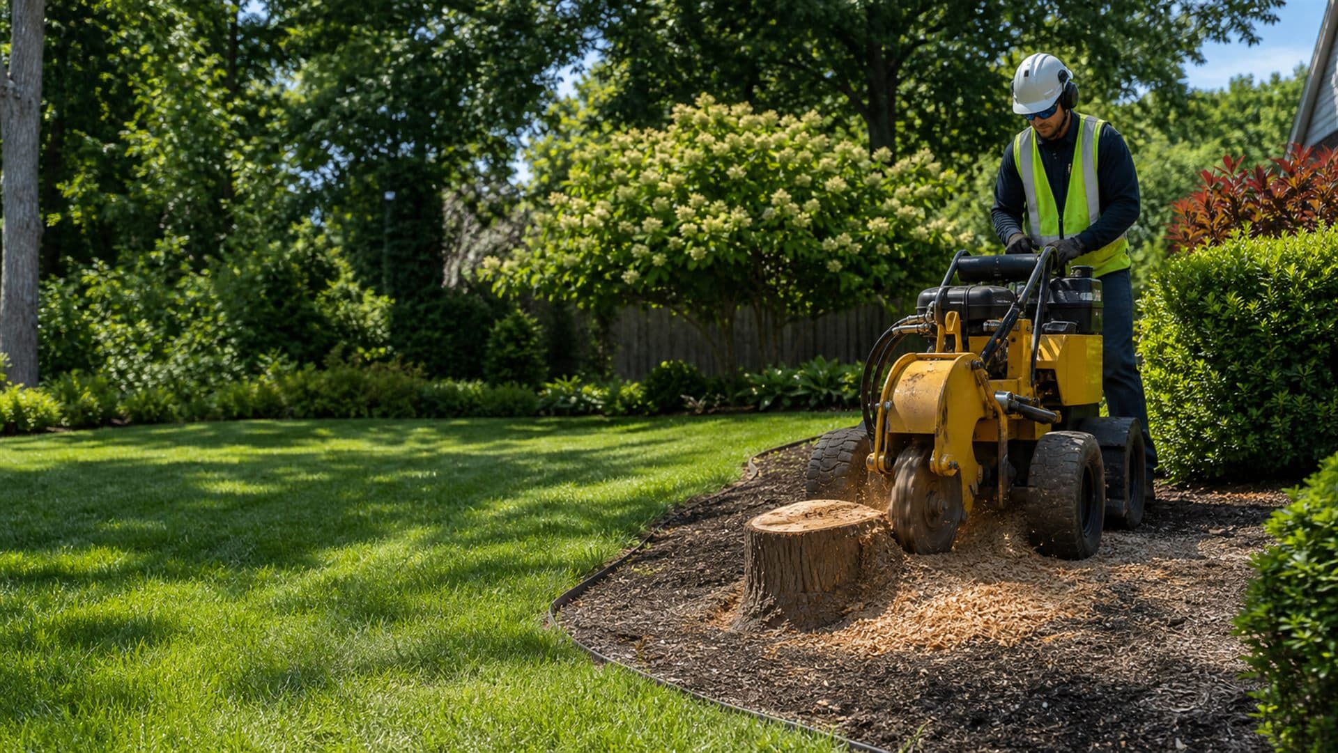 Professional stump grinder removing a stump from a landscaped yard