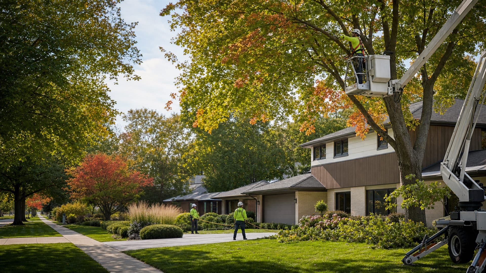 Tree trimming and pruning service scene